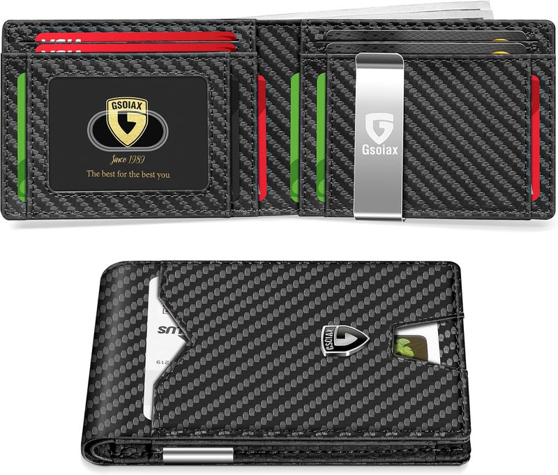 GSOIAX Mens Slim Wallet for Men Minimalist Genuine Leather Carbon Fiber Rfid Blocking Bifold Credit Card Holder With Gift Box (Carbon-money clip) - Image 1